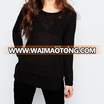 High quality woman knit Long sleeves blouse in black color with chiffon hem